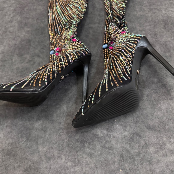 NEW AZALEA WANG Black Pointed Toe Sparkly Crystal Thigh High Boot Stiletto Sz6.5 - Picture 7 of 8